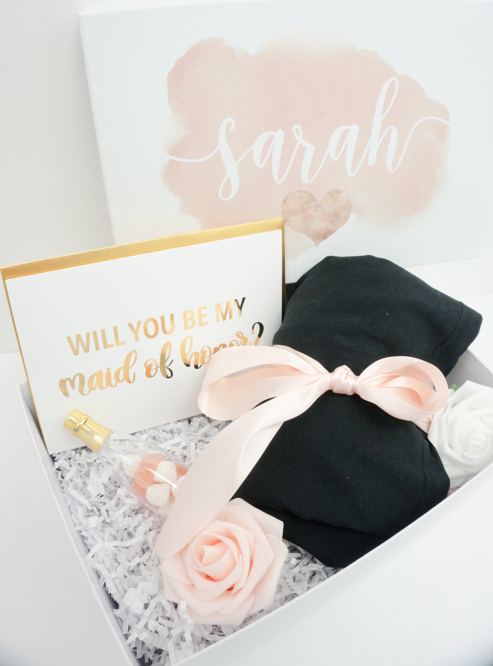 Maid of Honor Proposal Watercolor Pink Gift Box with Pajamas