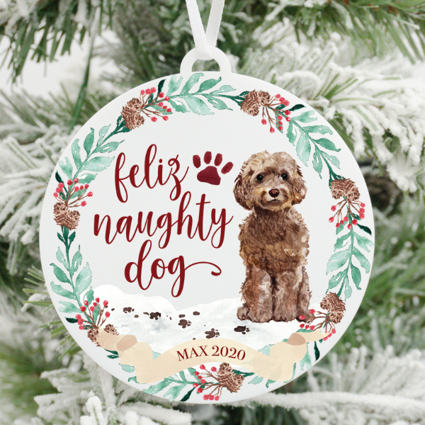 Feliz Naughty Dog Brown Cockapoo Christmas Ornament