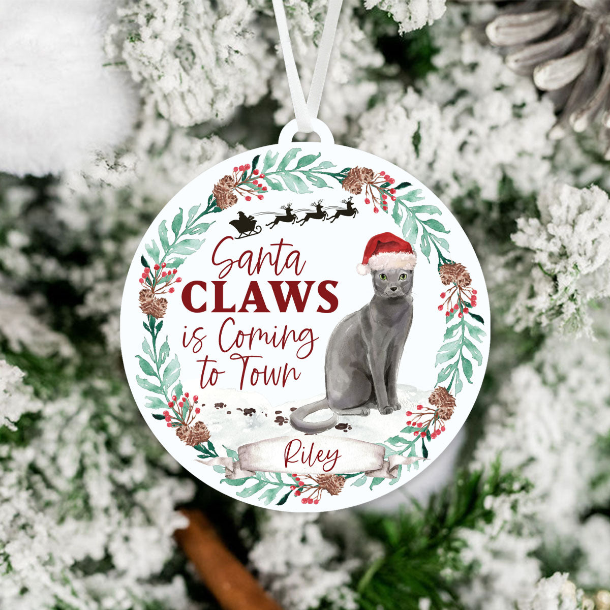 Blue Russian Cat Ornament - Santa Claws