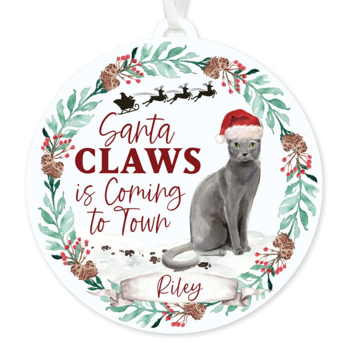 Blue Russian Cat Ornament - Santa Claws