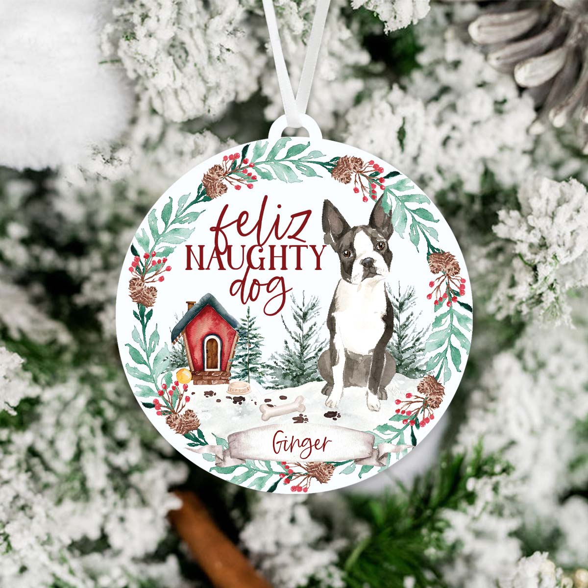 Boston Terrier Ornament - Feliz Naughty Dog