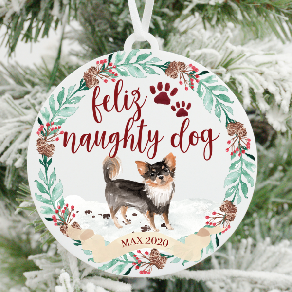Feliz Naughty Dog Black and Tan Chihuahua Christmas Ornament