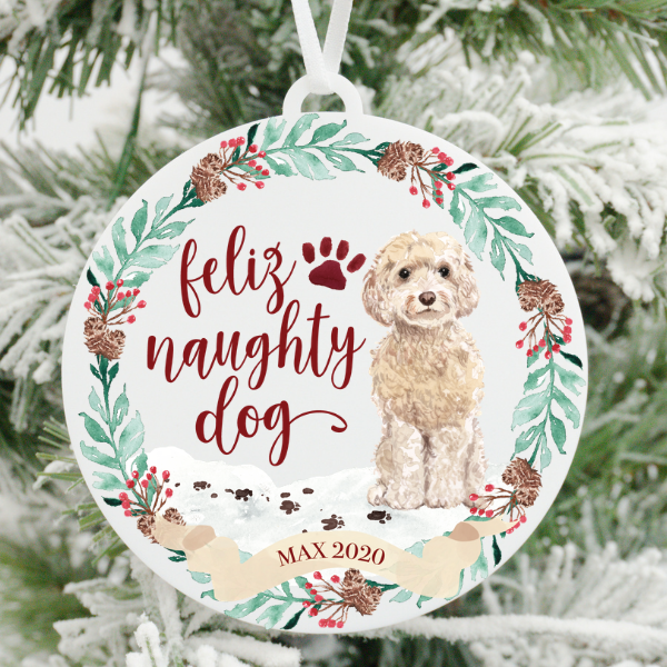 Feliz Naughty Dog Tan Cockapoo Christmas Ornament