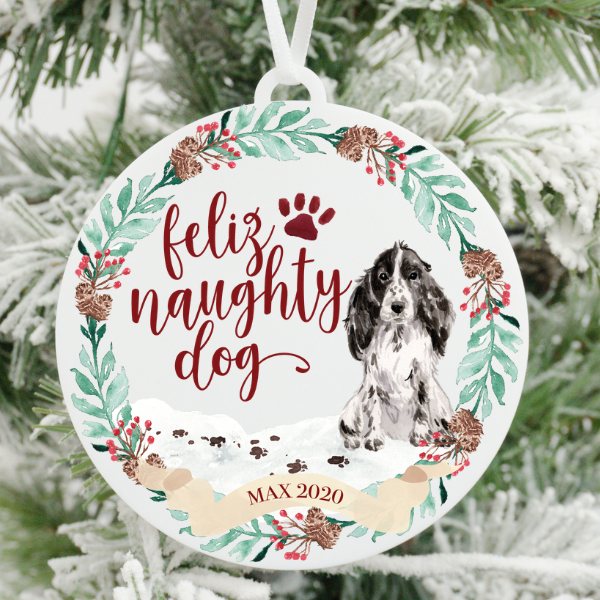 Feliz Naughty Dog Black and White Cocker Spaniel Christmas Ornament