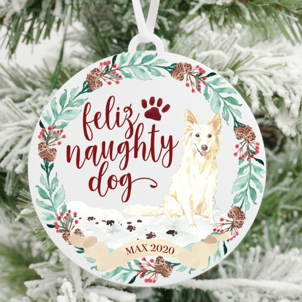 Feliz Naughty Dog White Border Collie Christmas Ornament