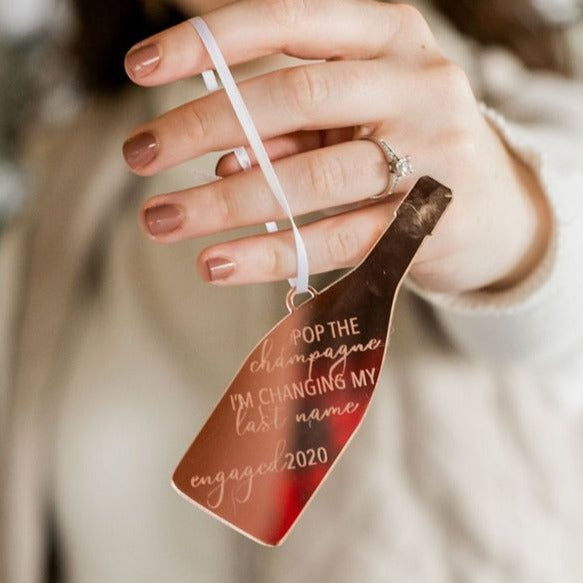 Pop the Champagne Changing My Last Name Engraved Christmas Ornament