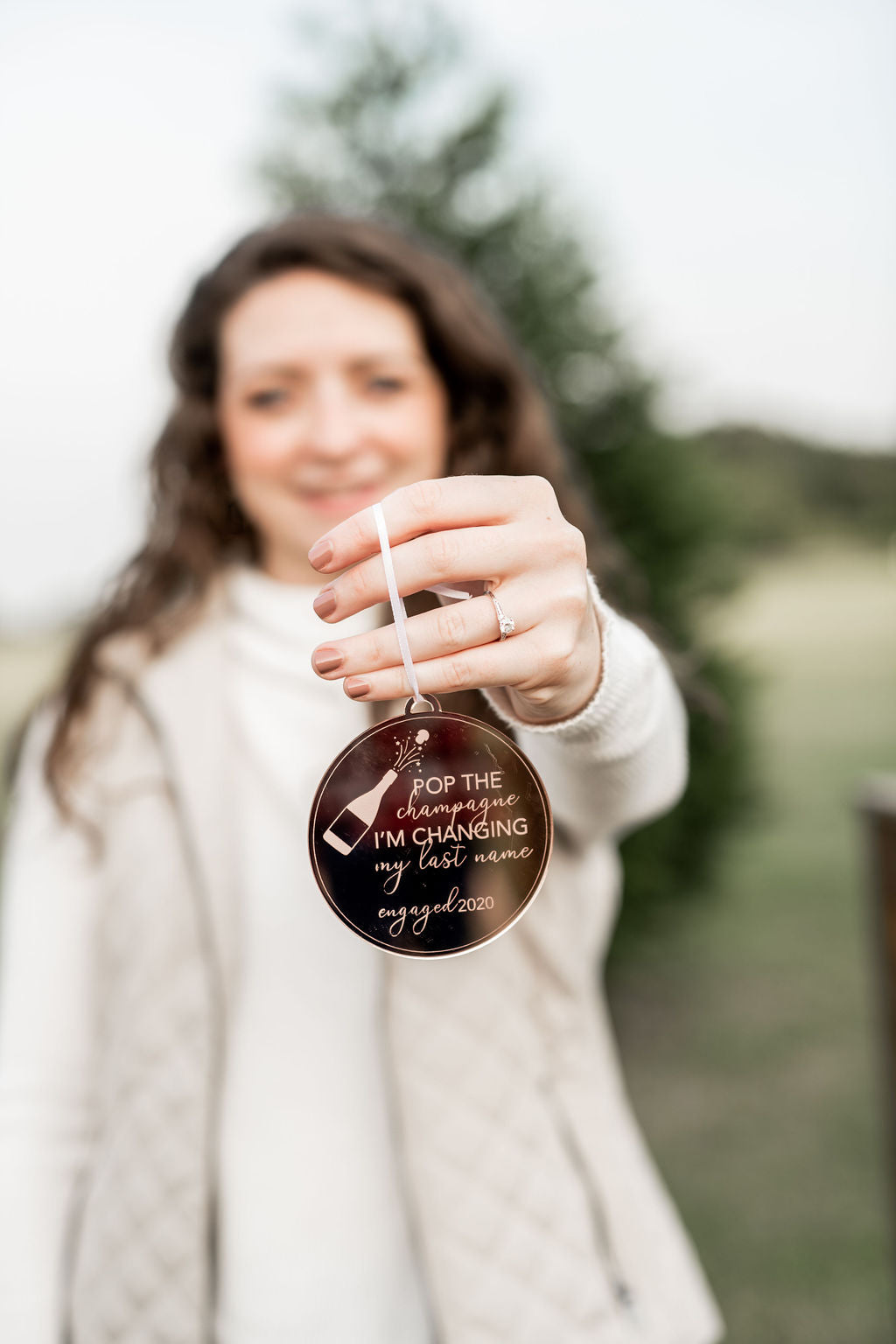 Pop the Champagne Changing My Last Name Engraved Christmas Ornament