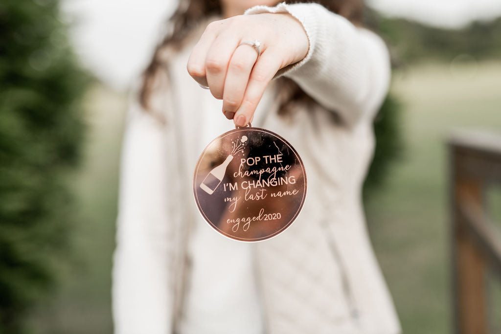 Pop the Champagne Changing My Last Name Engraved Christmas Ornament