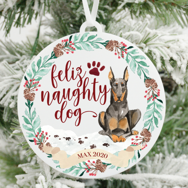 Feliz Naughty Dog Doberman Christmas Ornament