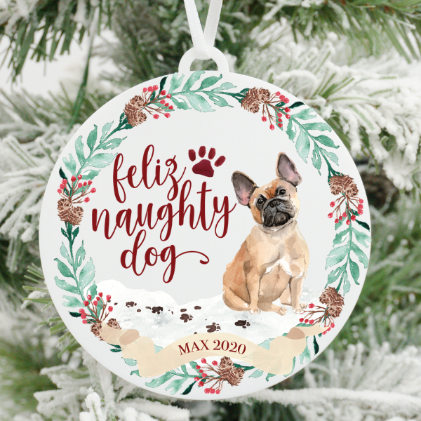 Feliz Naughty Dog Tan French Bulldog Christmas Ornament
