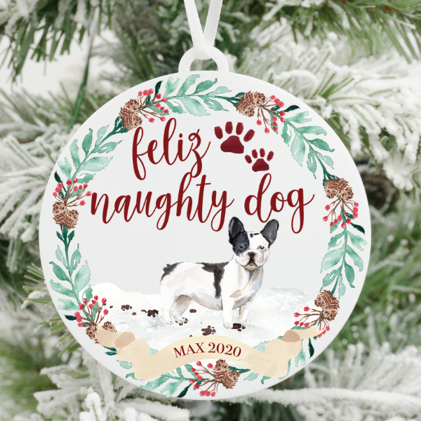 Feliz Naughty Dog Black and White French Bulldog Christmas Ornament