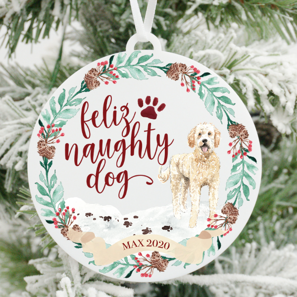 Feliz Naughty Dog Goldendoodle Christmas Ornament