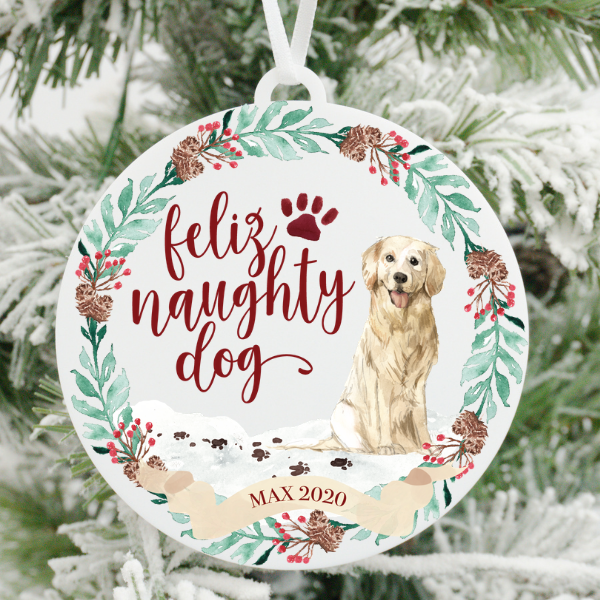 Feliz Naughty Dog Golden Retriever Christmas Ornament