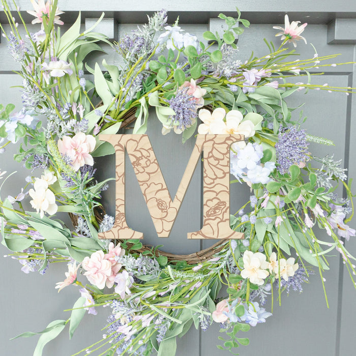Initial Cutout with Flowers Wood Front Door Sign