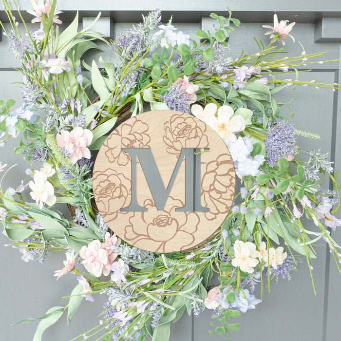 Circle with Initial and Flowers Wood Front Door Sign