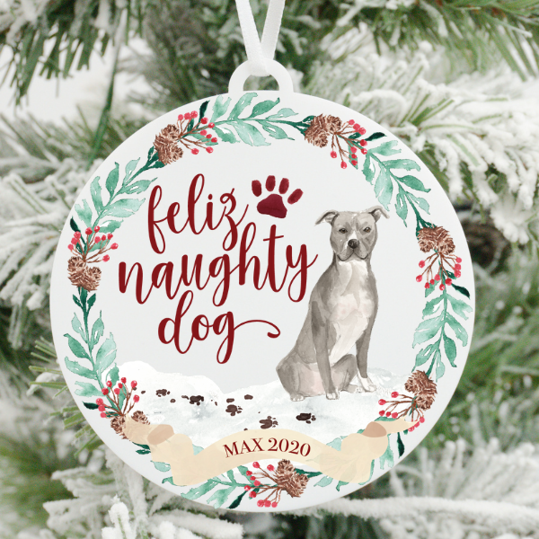 Feliz Naughty Dog Grey Pitbull Christmas Ornament
