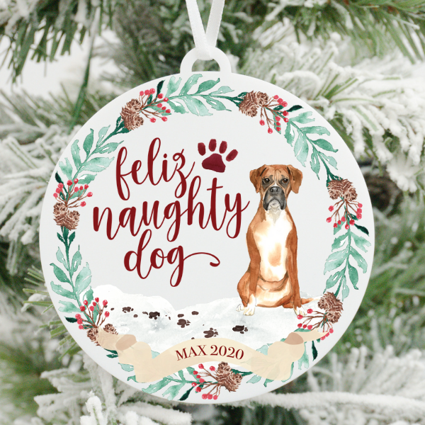 Feliz Naughty Dog Boxer Christmas Ornament