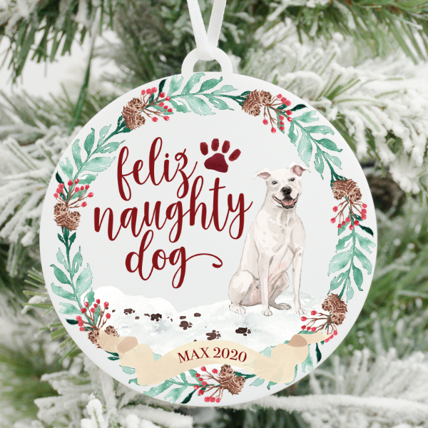 Feliz Naughty Dog White Pitbull Christmas Ornament
