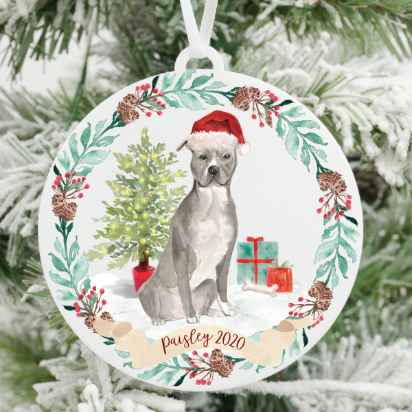 Grey Pitbull Christmas Ornament