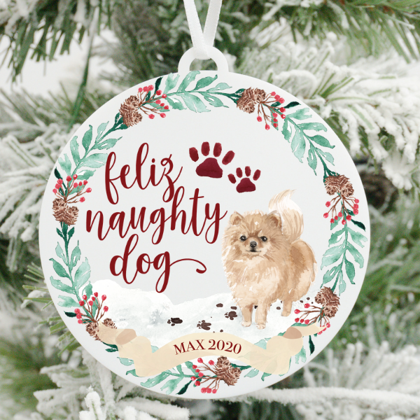 Feliz Naughty Dog Pomeranian Christmas Ornament