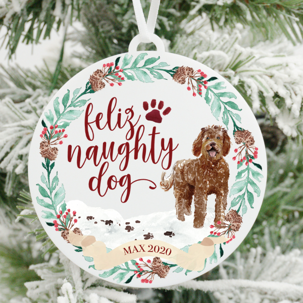 Feliz Naughty Dog Labradoodle Christmas Ornament