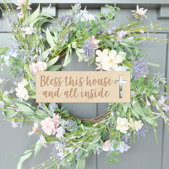 Rectangle Bless This House and All Inside Engraved Wood Front Door Sign