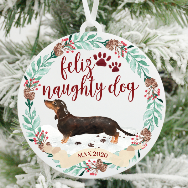 Feliz Naughty Dog Black and Brown Dachshund Christmas Ornament