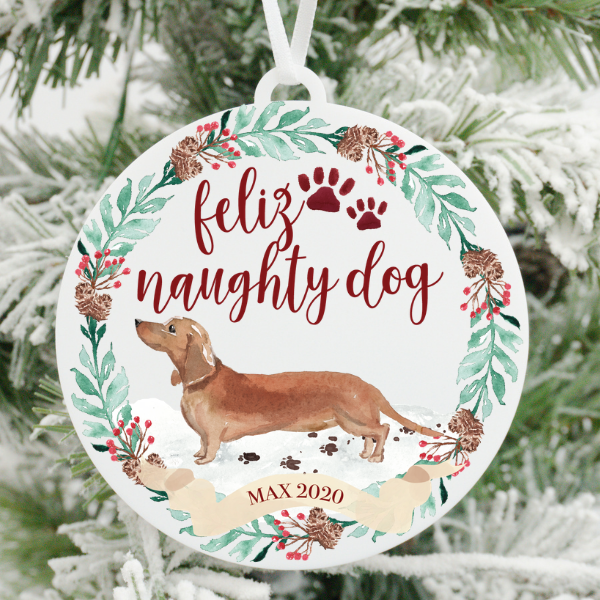 Feliz Naughty Dog Brown Dachshund Christmas Ornament
