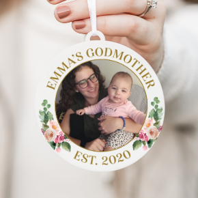 Godmother EST Pink Floral Photo Christmas Ornament