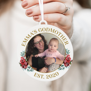 Godmother EST Red Floral Photo Christmas Ornament
