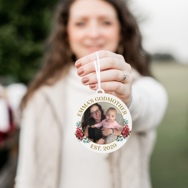 Godmother EST Red Floral Photo Christmas Ornament