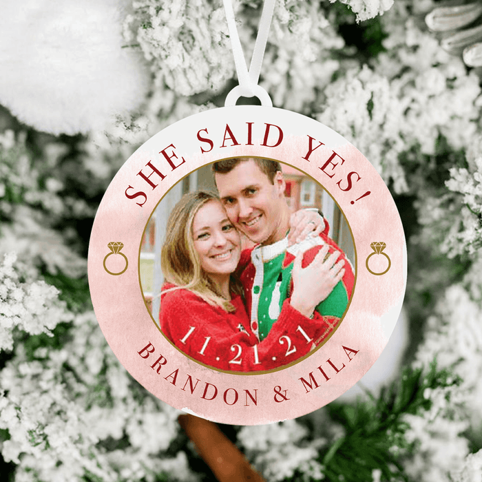 She Said Yes Engagement Ornament | Engaged Photo Christmas Ornament