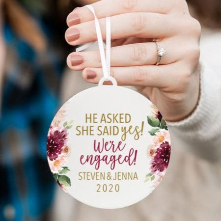He Asked She Said Yes Personalized Engagement Christmas Ornament