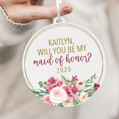 Maid of Honor Proposal Pink Floral Christmas Ornament
